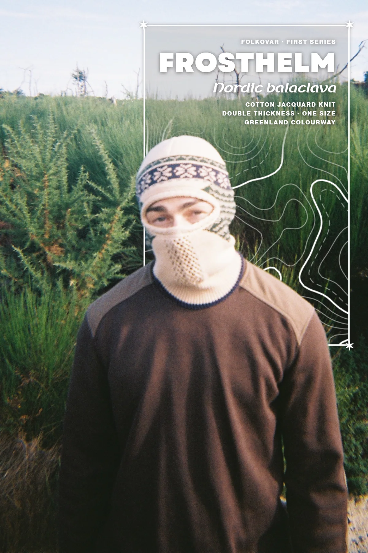 Frosthelm, Nordic balaclava. Helmet lines, Greenland colourway.