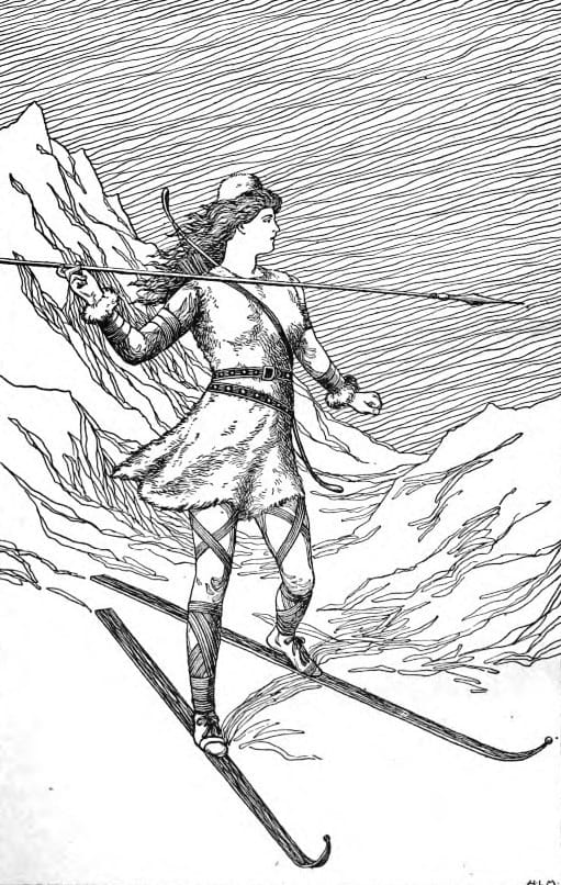 Gravure : Skadi à skis, arc à la main, chassant dans les montagnes enneigées.