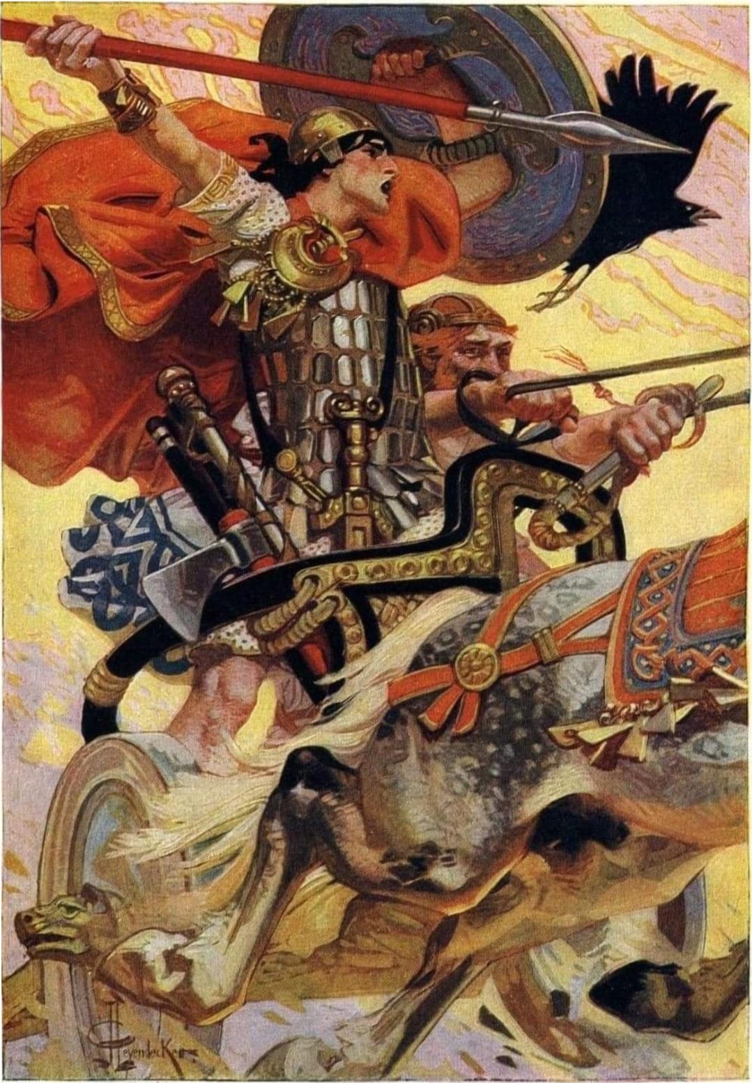 Peinture : Cú Chulainn sur son char, lance levée, une corneille noire au-dessus de lui.