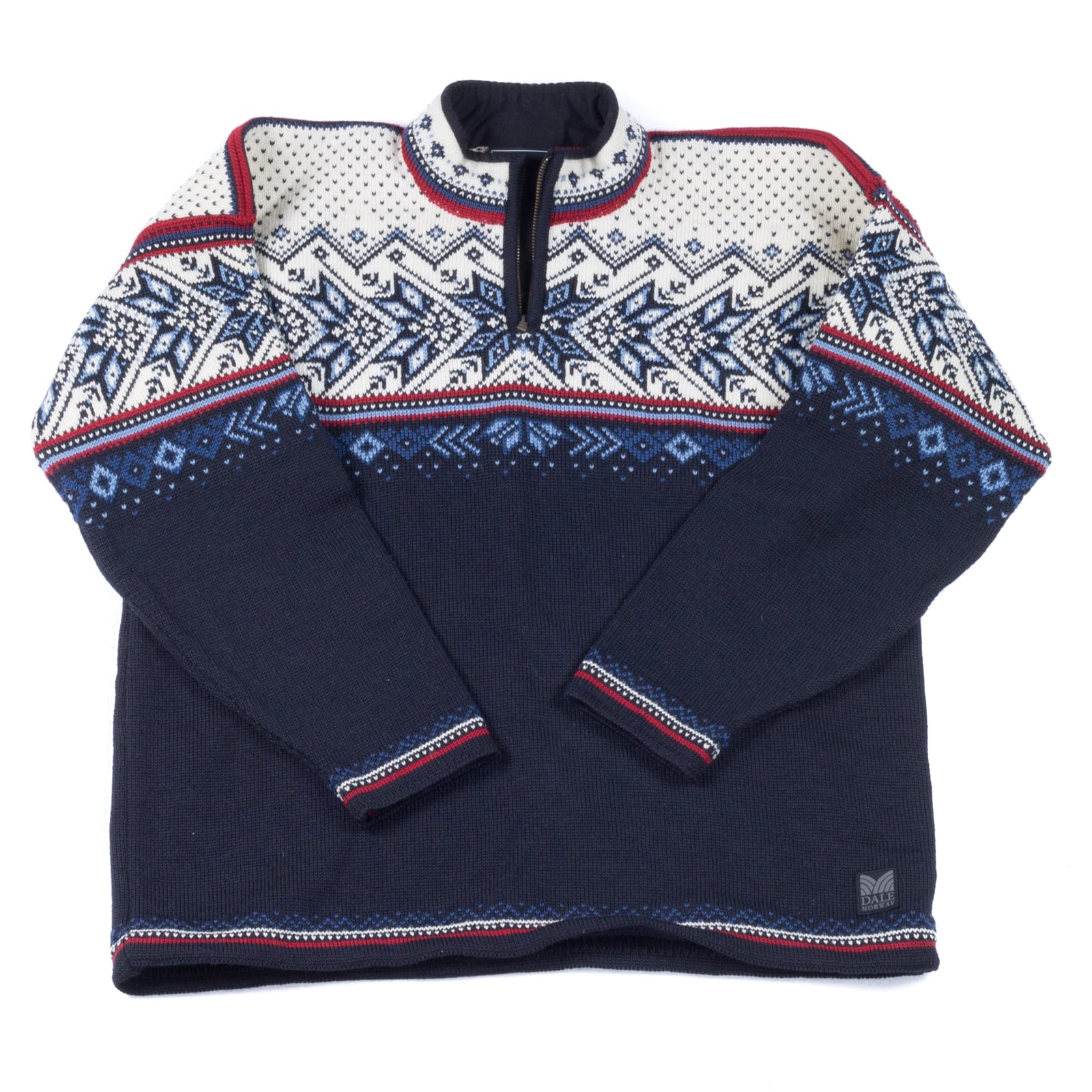 Dale of Norway sweater with Norwegian patterns, navy and white.
