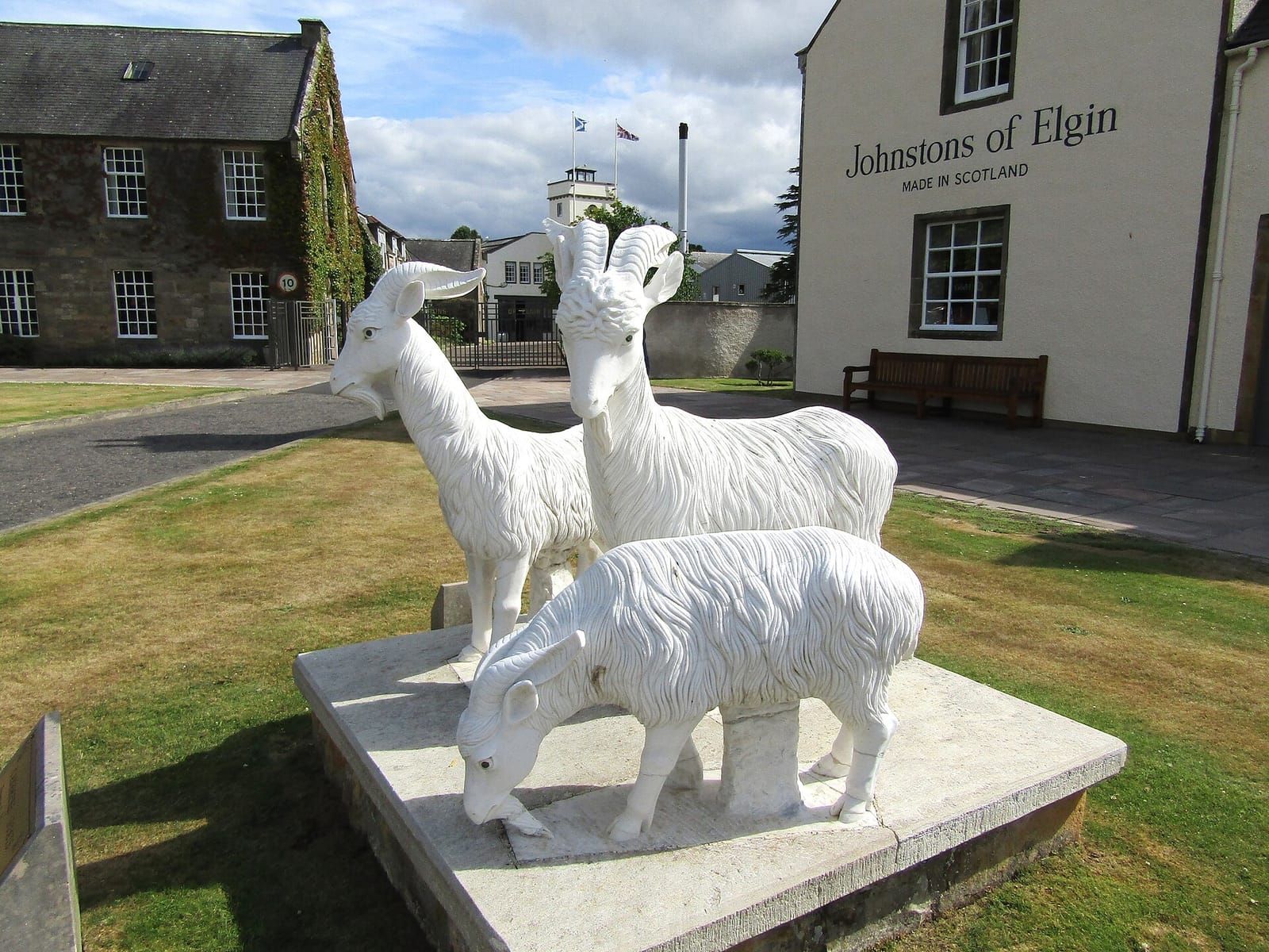 Sculpted cashmere goats in front of the Johnstons of Elgin mill.
